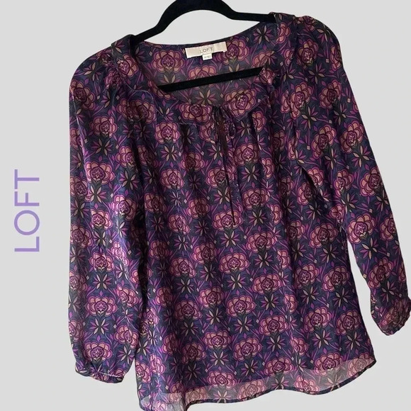 LOFT |  NWOT | LONG SLEEVED BOHO BLOUSE NAVY BLUE PURPLE | SIZE: EXTRA SMALL - Picture 1 of 11